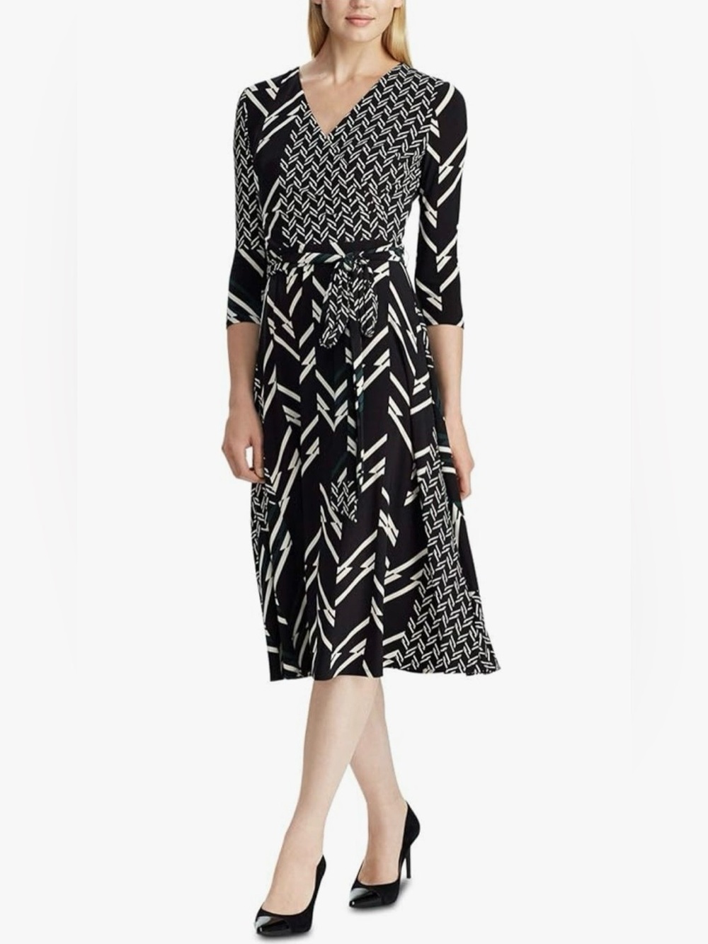 LAUREN RALPH LAUREN Carlyna Day Midi Dress Matte Jersey Sz 12 Geo Print NWT $125